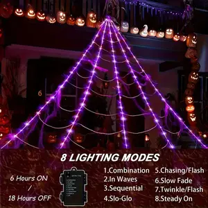 16ft Giant Spider Web LED Lights 250 Purple 8 Light Modes Outdoor Halloween Decor No Power Needed Easy Hang Spooky Show