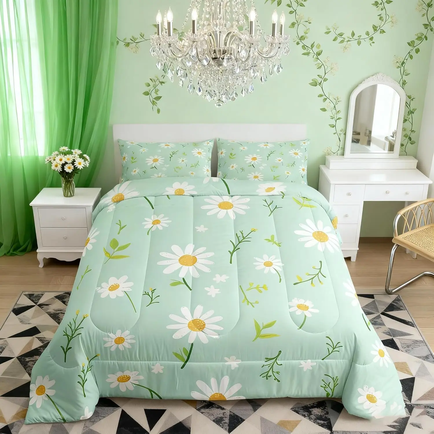 Cute Flower Comforter Set Botanical Theme Floral Print Bedding Set for Kids Girls Room Decor Watercolor Daisy Quilt Set Soft Polyester Duvet Set