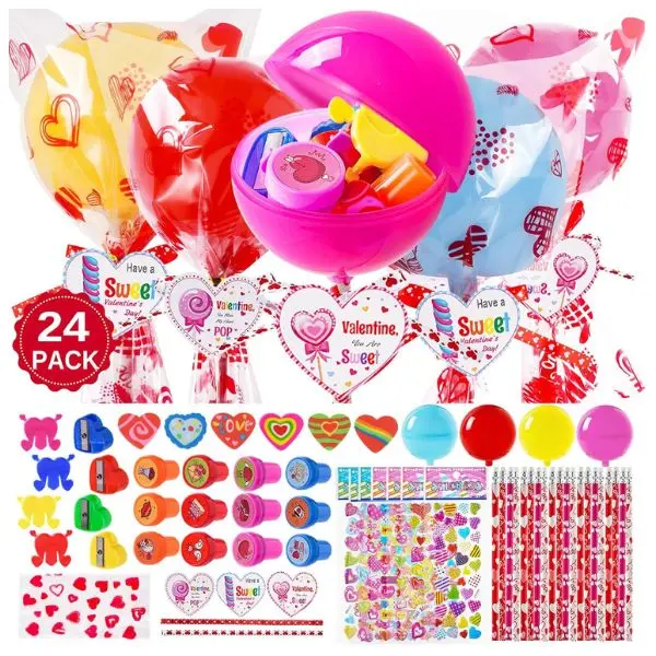 24 Pack Valentine’s Day Stationery Sets – Classroom Gifts with Cards, Pencils, Erasers, Stickers, Sharpeners & Ribbons, Goodie Bags & Valentine Exchange Party Favors for Kids