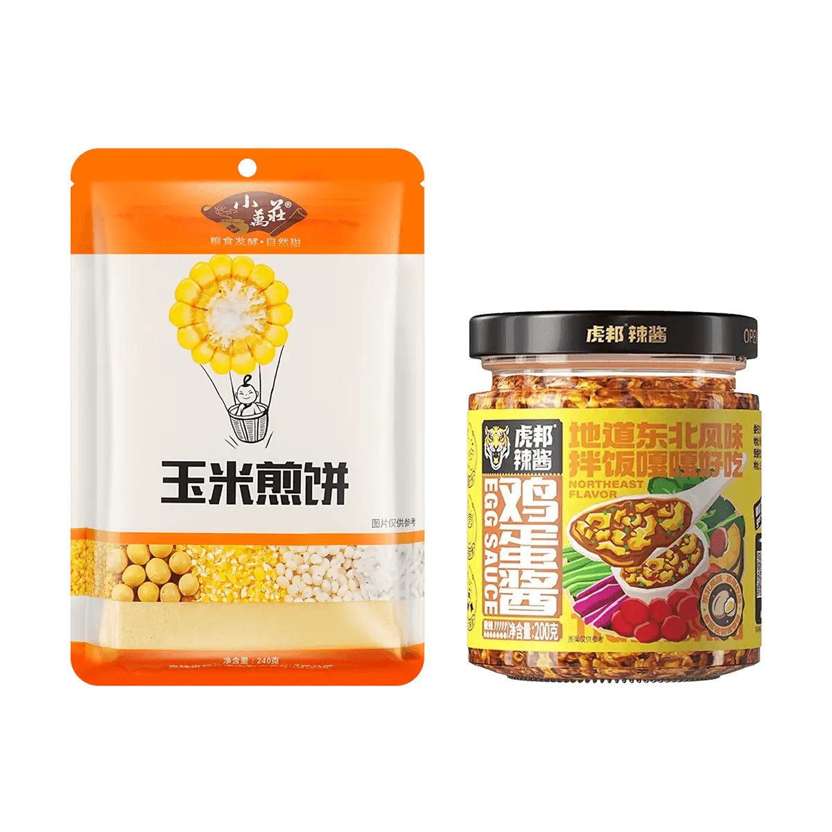 Northeast China Breakfast Combo: HuBang Spicy Sauce 200g & Corn Pancake 240g - Authentic Chinese Flavors, Quick Meal, Traditional Snack