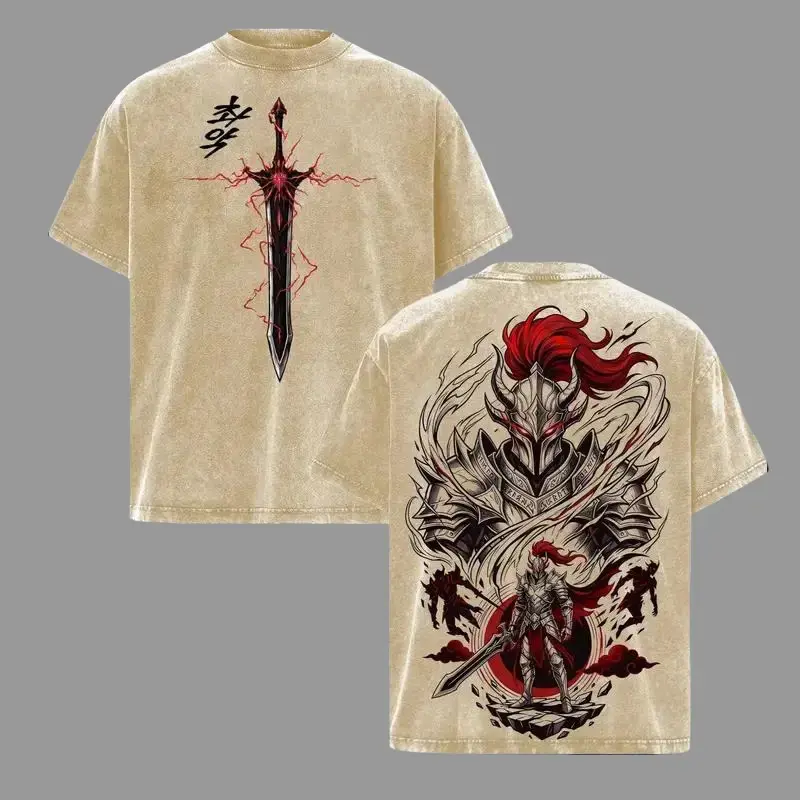 Solo Leveling Anime Graphic Tee, Unisex Vintage Washed Oversized Shortsleeve Shirt in Heavyweight Cotton with a Round Neck
