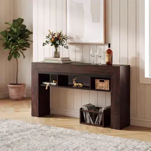 Long Narrow Sofa Table 63 Inch Slim Console Table with 3 Open Shelves Rustic Entry Table for Hallway Behind Couch Sturdy Wood Frame 220 Lbs Weight Capacity Easy Assembly