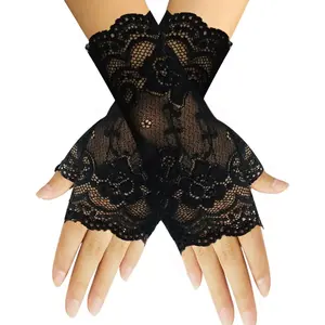 Women Short Lace Gloves Sunblock Fingerless Bridal Wrist Gloves Opera Evening Wedding Tea Party Prom Cosplay 1920s