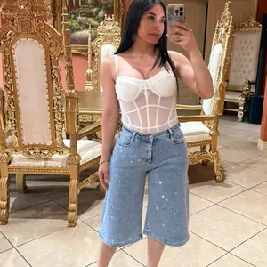 Rhinestone Wide Leg Bermuda Shorts