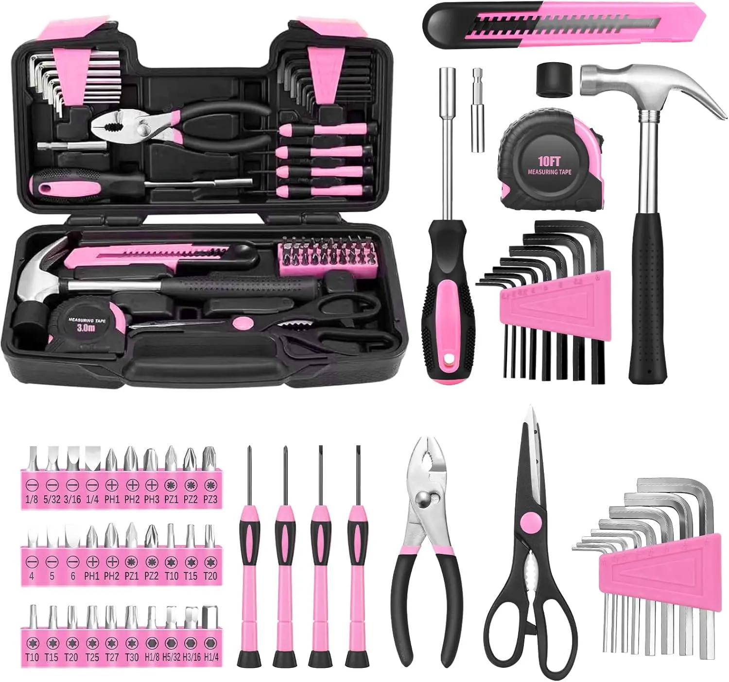 Tool Set for with Toolbox Pink| All Purpose Hand Tool Kit, Case, for Girls, College Students, Home Repair & DIY project