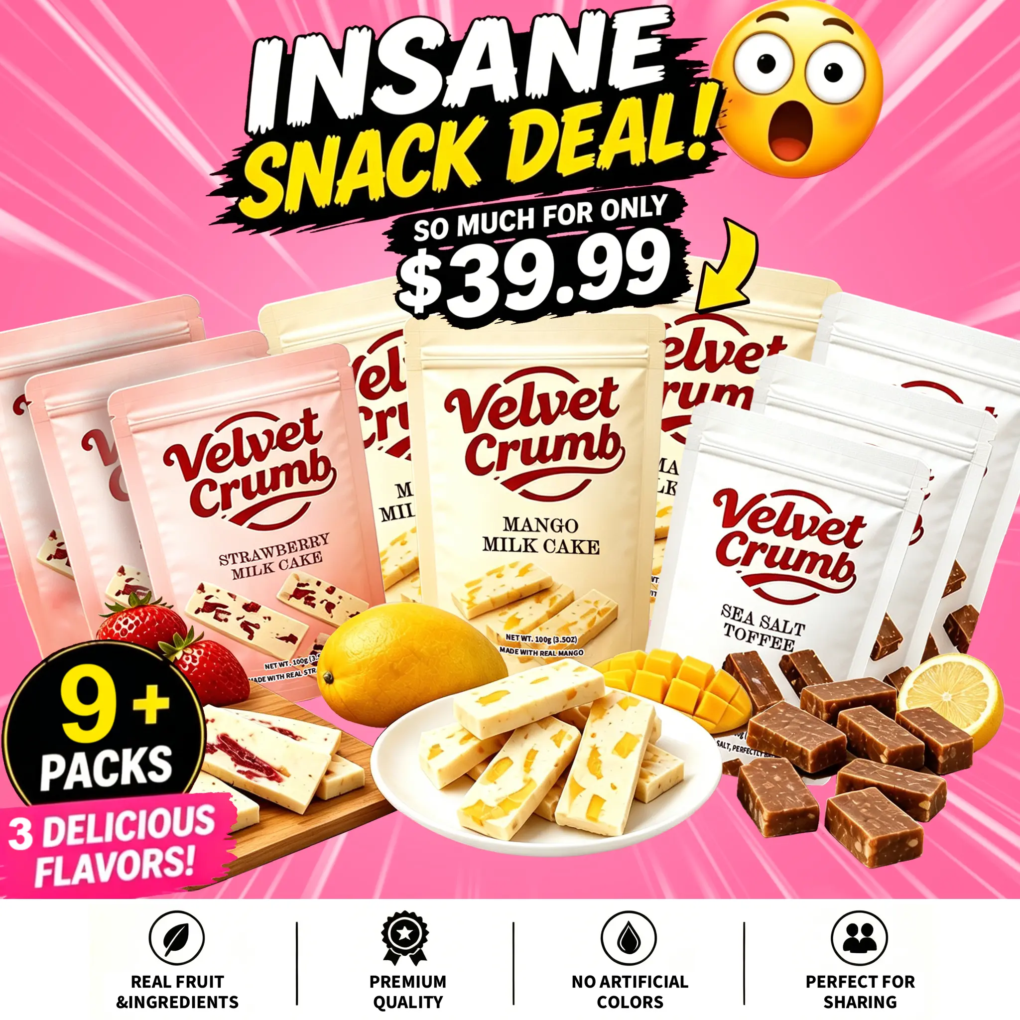 9-Pack Strawberry Mango Milk Chocolate Bites - Freeze-Dried Crunch, Perfect Late-Night Snack, Binge-Worthy Snack Cakes & Pastries