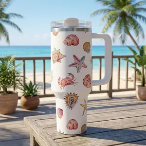 Coastal Sealife 20oz and 40oz Tumbler, Watercolor Crab Shell Beach Cup with Handle, Insulated Stainless Steel Mug, Summer Coastal Drinkware, Ocean Lover Gift for Her, Beach Vacation Tumbler