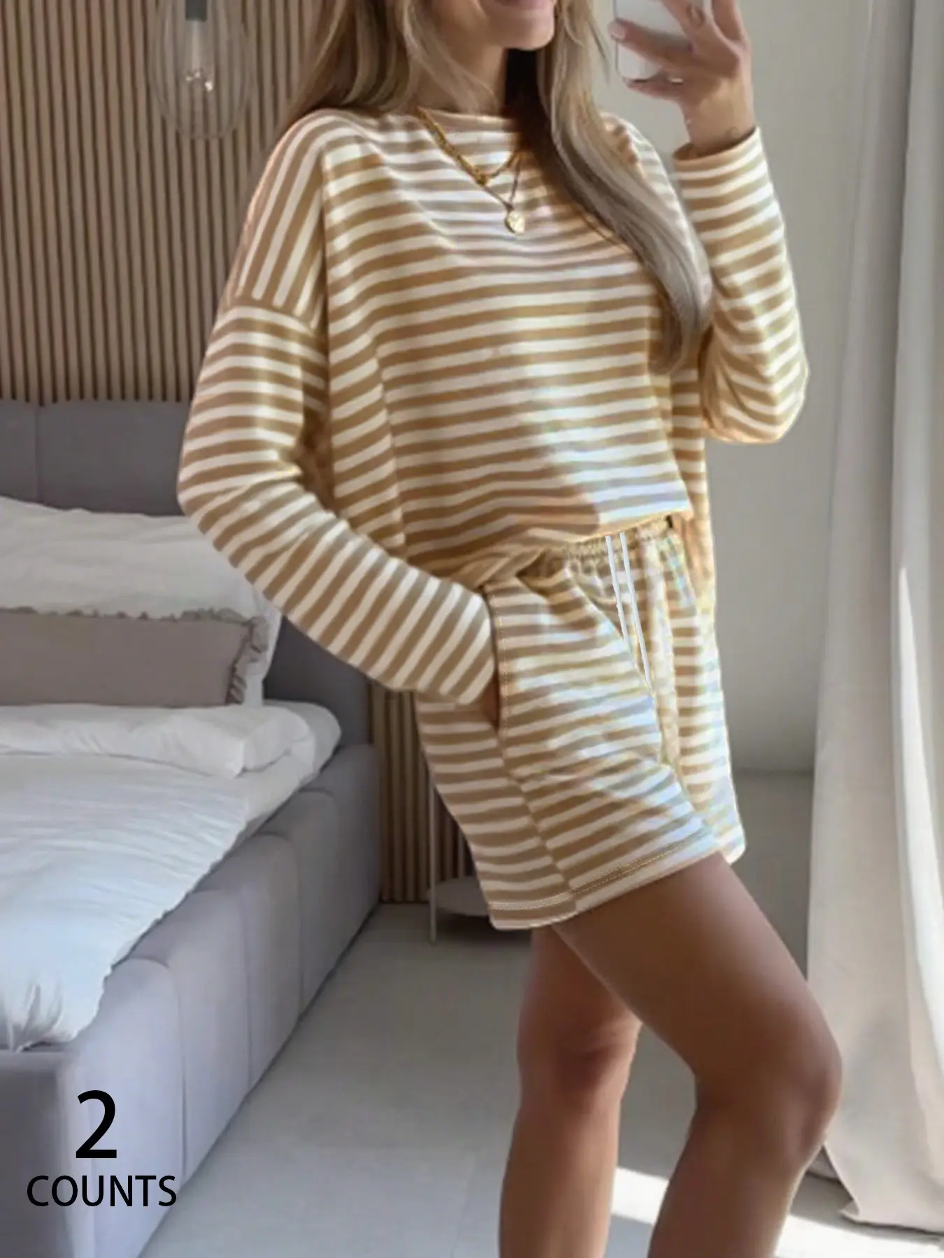Women's Striped Long Sleeve Hoodie & Shorts with Pockets Set, Casual Loose Fit Two Piece Loungewear Set for Home & Daily Wear