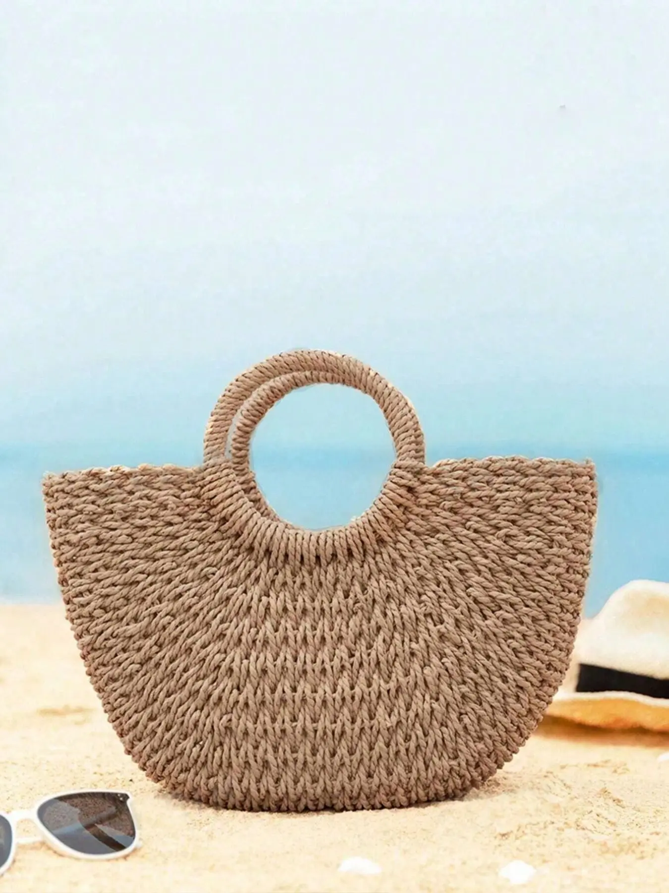 Handmade Straw Basket Top Handle Bag, Large Capacity Summer Beach Handbag, Women's Hollow Out Crossbody Shoulder Bag, Trendy Crossbody Bag, DIY Portable Handbag, Half Moon Bag, Casual Trendy Handbag, Beach Purse