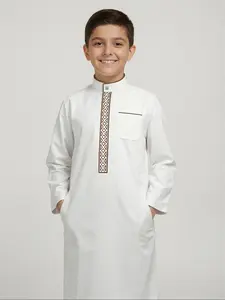 Muslim Traditional Boys' White Thobe with Embroidery, Stand-Up Collar and Square Buttons, Long Sleeves with Side Pockets | Durable Clothing for Ramadan Celebrations (Eid al-Fitr), Children's Islamic Clothing, Modesty, a Great Gift