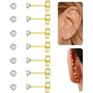 MILACOLATO 18K Plated Gold 5A Cubic Zirconia Threadless Flat Back Earrings Surgical Stainless Steel Cubic Zirconia Earrings for Women Men Earrings Studs Dainty Push Pin Cartilage Earring Hypoallergenic, Pushpin summerwins