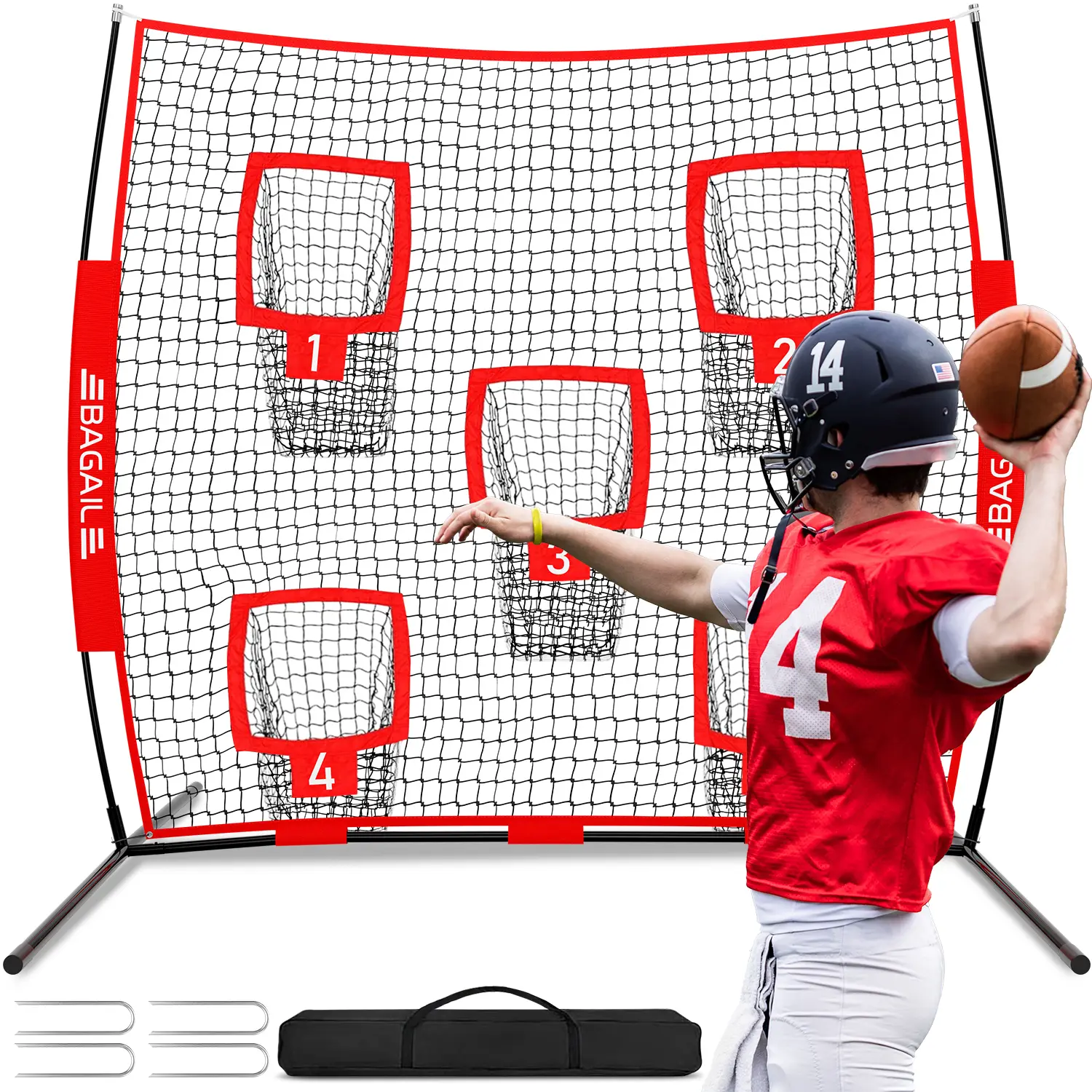 【BackToSchool】BAGAIL Football Throwing Net - 5  Target Pockets, Easy Setup, Heavy-Duty - Portable QB Accuracy Trainer, Fun Target Practice Net for Football with Carry Bag