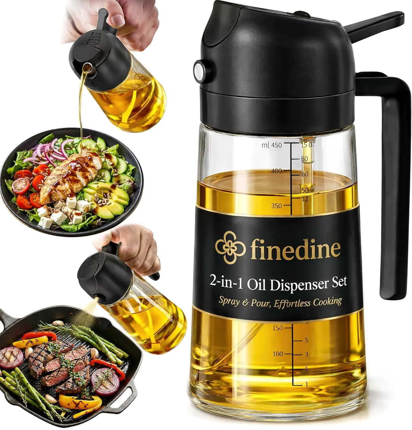 16oz Olive Oil Sprayer for Cooking, 2 in 1 Olive Oil Dispenser Bottle for Kitchen, Air Fryer, Salad, BBQ & Baking – Dual Spray Mist & Stream, with Measurement Marks, Black