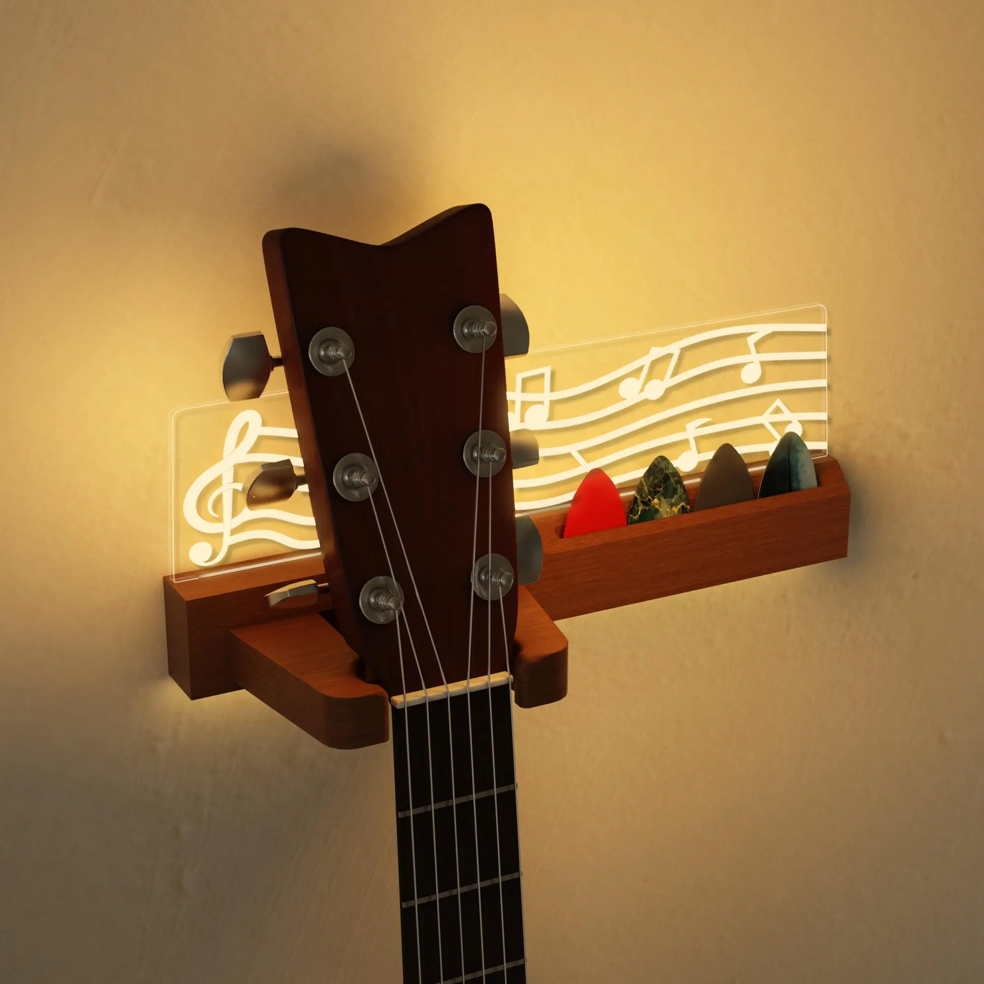 Light Up Guitar Wall Mount, LED Wooden & Acrylic Guitar Hanger, USB Powered Guitar Display, Stylish Wall Rack for Acoustic & Electric Guitars, Perfect Gift for Guitarists Musical Elegance Convenient Storage Musical Notes