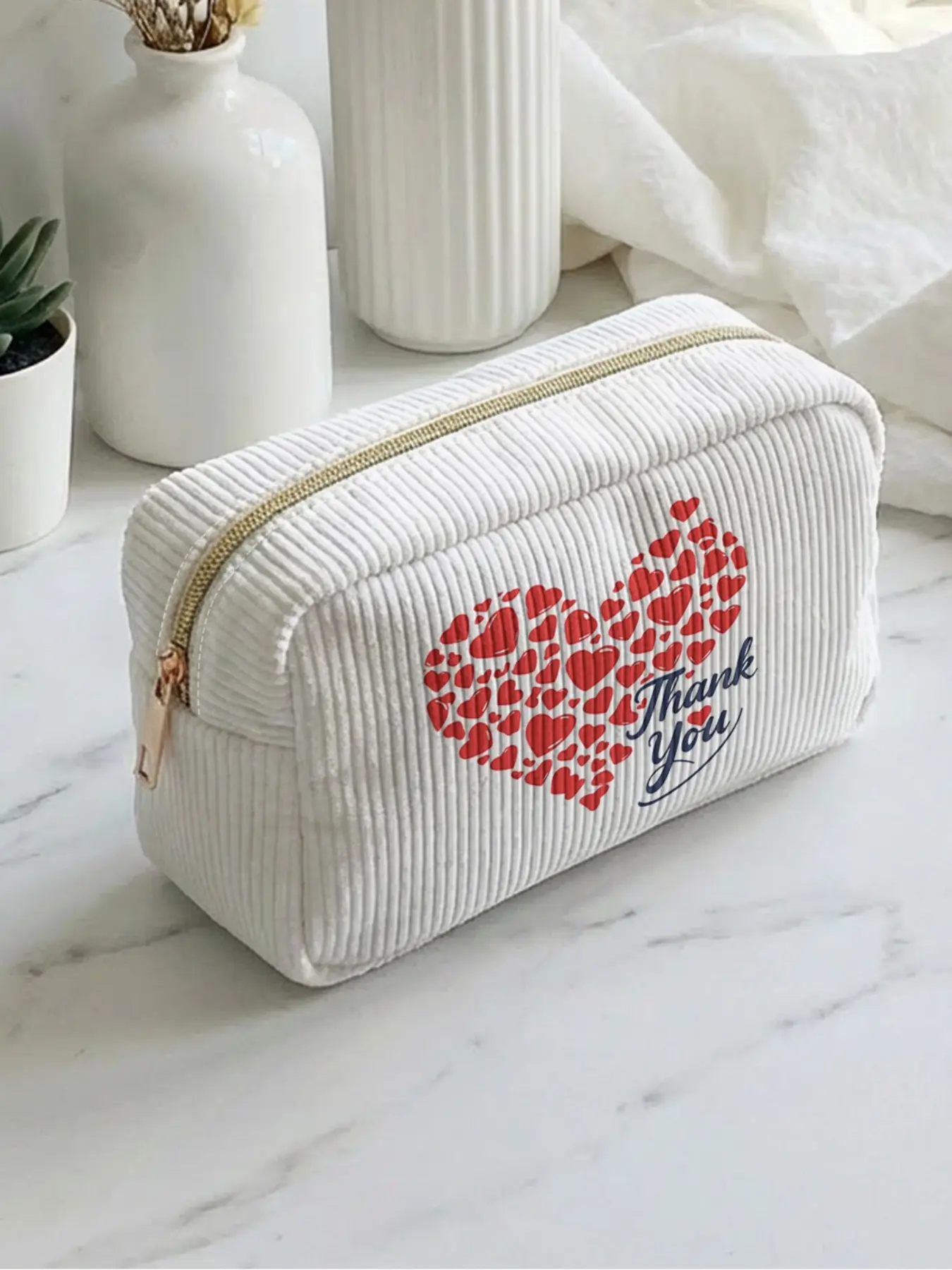 1 piece of heart pattern + Thank you 2D printed Zip makeup bag, large capacity design | suitable for all seasons/general use | fits daily skincare and various cosmetics | perfect for life and travel, Makeup Storage Bag, Makeup Organizer Pouch