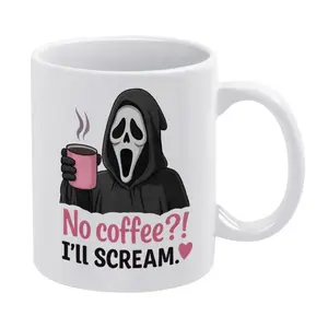 Scream Ghostface Coffee Mug - No Coffee I’ll Scream Funny Horror Ceramic Cup - Spooky Halloween Gift for Scary Movie Fans - 11oz 15oz Mug with Pink Text & Heart, Horror Movie Parody Mug, Cute Scary Movie Fan Gift