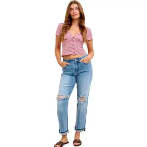 Judy Blue Mid Rise Boyfriend Vintage Light Wash W/ Destroy & Cuff Jeans 82688