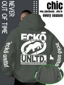 Men's Fashion New Arrival Ecko Unltd Letter Print Hoodie, Casual Fall & Winter Long Sleeve Sweatshirt, Daily Wear