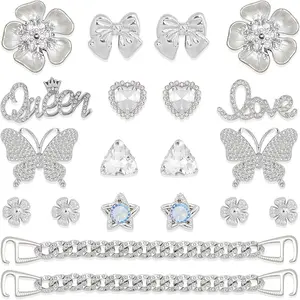 20 Pcs Silver Shoe Charms Chain Accessories for Women Butterfly Flower Pearl Clog Shoe Decoration Charms Rhinestone Shoes Charm Bling Cute Decor for Party Birthday