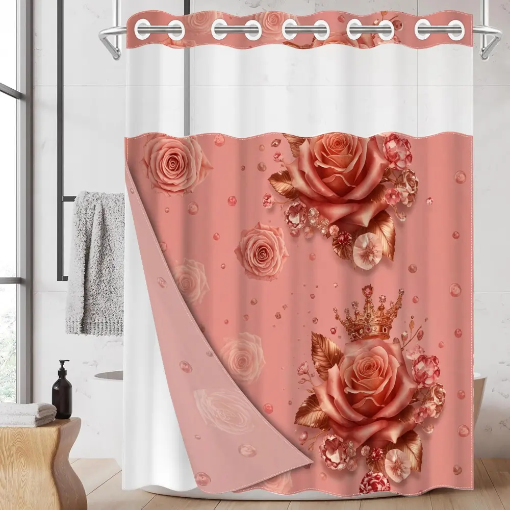 1pc hookless shower curtain with buckle lining, spring pink and gold rose crown design, 2D flat printing, fabric waterproof lining, Flowers, see-through double shower curtain, 71 x 74 inches, modern home draping bathroom curtain.