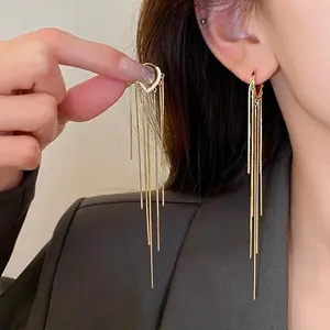 Women's 925 Silver Needle Korean Fashion Long Tassel Dangle Earring Stack - Chain-Based, Silver Metallic, Long Dangly, Rope Chain Costume Jewelry (2026 Trending), Chain-Based Earrings