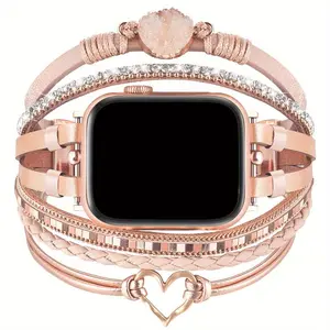 Boho Apple Watch Band for Women - Adjustable Multilayer Rhinestone Bracelet with Golden-Tone Stainless Steel, High Quality Handmade Jewelry Compatible with 38mm-45mm iWatch (Series 1-9/SE), Stylish Wristwear | Stable Secure Closure, Apple W  Wearable Meta