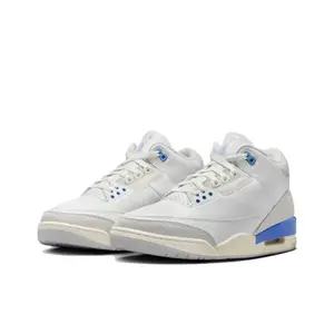 White and Blue Patchwork Leather Mid-Top Sneakers with North Carolina Blue Accents and Cream Cushioned Midsole