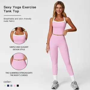 Women's Solid Color Cut-Out Backless Camisole Top & High-Waist Leggings Tracksuit Set, Sporty Comfortable Breathable Outfits for Yoga, Gym, Workouts, Running, Valentine's Day Gift for Girls, Ladies' Summer Sports Wear