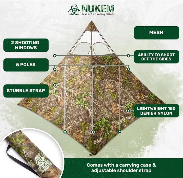 Nukem Hunting Blind - Mossy Oak Obsession Regurla and XL Size Lightweight 150 Denier Nylon with 2 Shooting Windows & 1 Pole Breakdown for Ultimate Mobility and Concealment