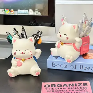 1Pc animation lucky cat pen holder storage cylinder ornament, cute lucky statue, office goods, Desk Organizer, Desk Accessories, computer desktop decorations, creative large-capacity birthday gifts, school season student gifts, display  perfect birthday