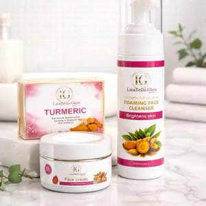 Brightening Turmeric Face Cream-Face Cleanser- Turmeric Soap Glowing Skin 3 shades Moisturizer Even Skin Tone- ( Set of 3) Hyaluronic Skin Repair Radiant  Moisturizing Hydrating- LaabelleGlow-