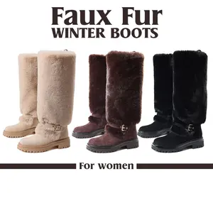 Womens Snow Boots Faux Fur Knee High Boot Round Toe Chunky Platform Block Heels Side Zipper Buckle Strap Long Tall Comfy Pull On Warm Cozy Indoor Outdoor Party Work Casual Suede Winter Boots