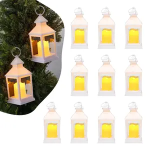 12 Pack Decorative Lanterns with LED Flameless Candles, Plastic Frame and Glass Panels, Wall Hanging Indoor Porch Lanterns for Wedding Tables and Party Decor, Farmhouse Style White