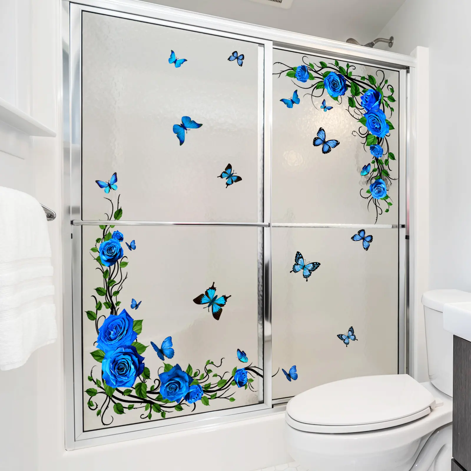 Set of 2 Pcs 30×60cm 2D Flat Blue Rose Vine & Butterfly Window Stickers Self-Adhesive Decorative Glass Stickers for Window Decoration