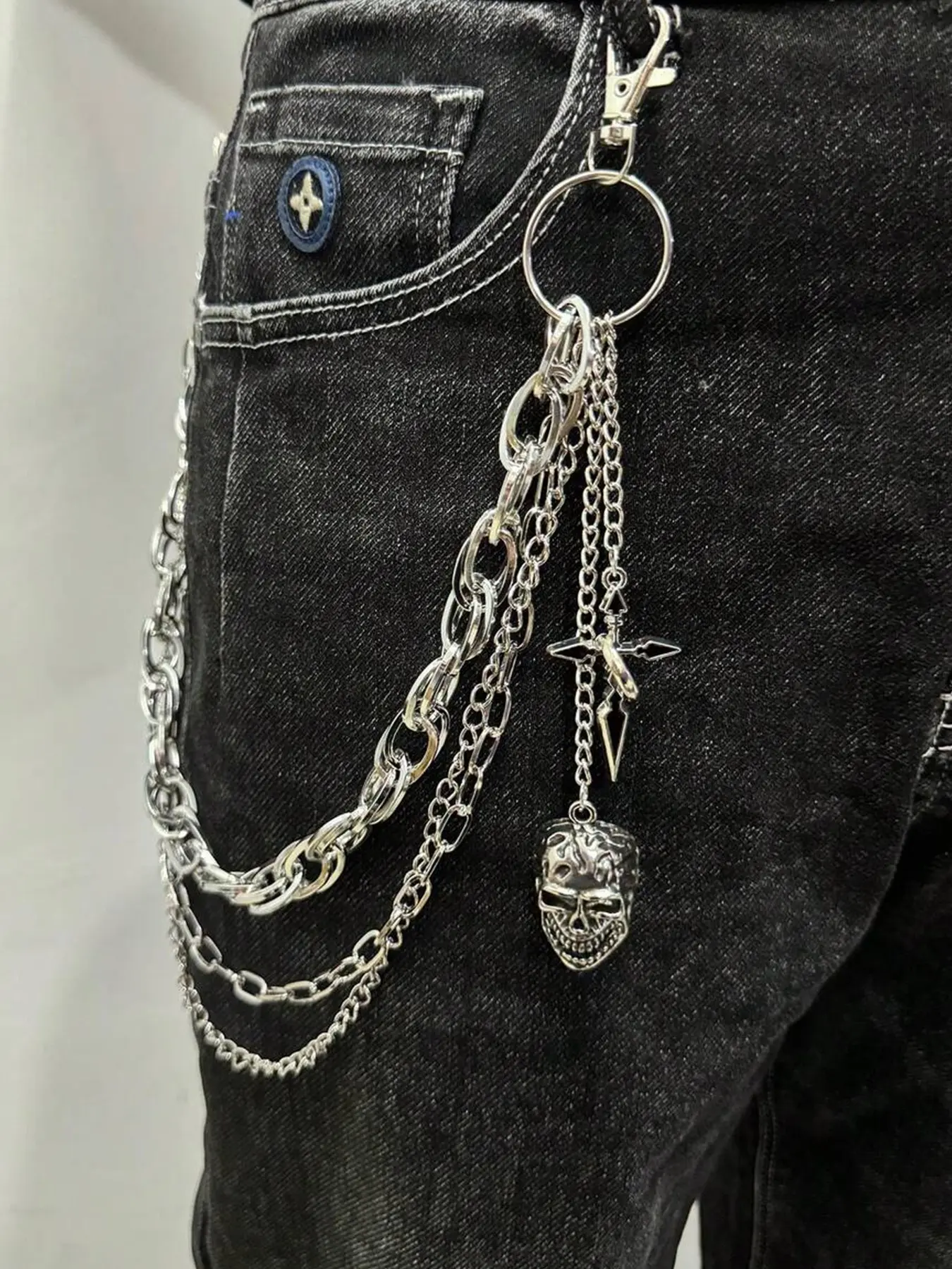 1pc Multi-Layer Men's Pant Chain,Punk Layered Pants Chain for Men Women, Fashion Hip Hop Pocket Chains With Cross, Skull Pendant Waist Accessories, Heavy Street Party Wear, Halloween Gifts, Adjustable Waist Chain, Chain Accessory