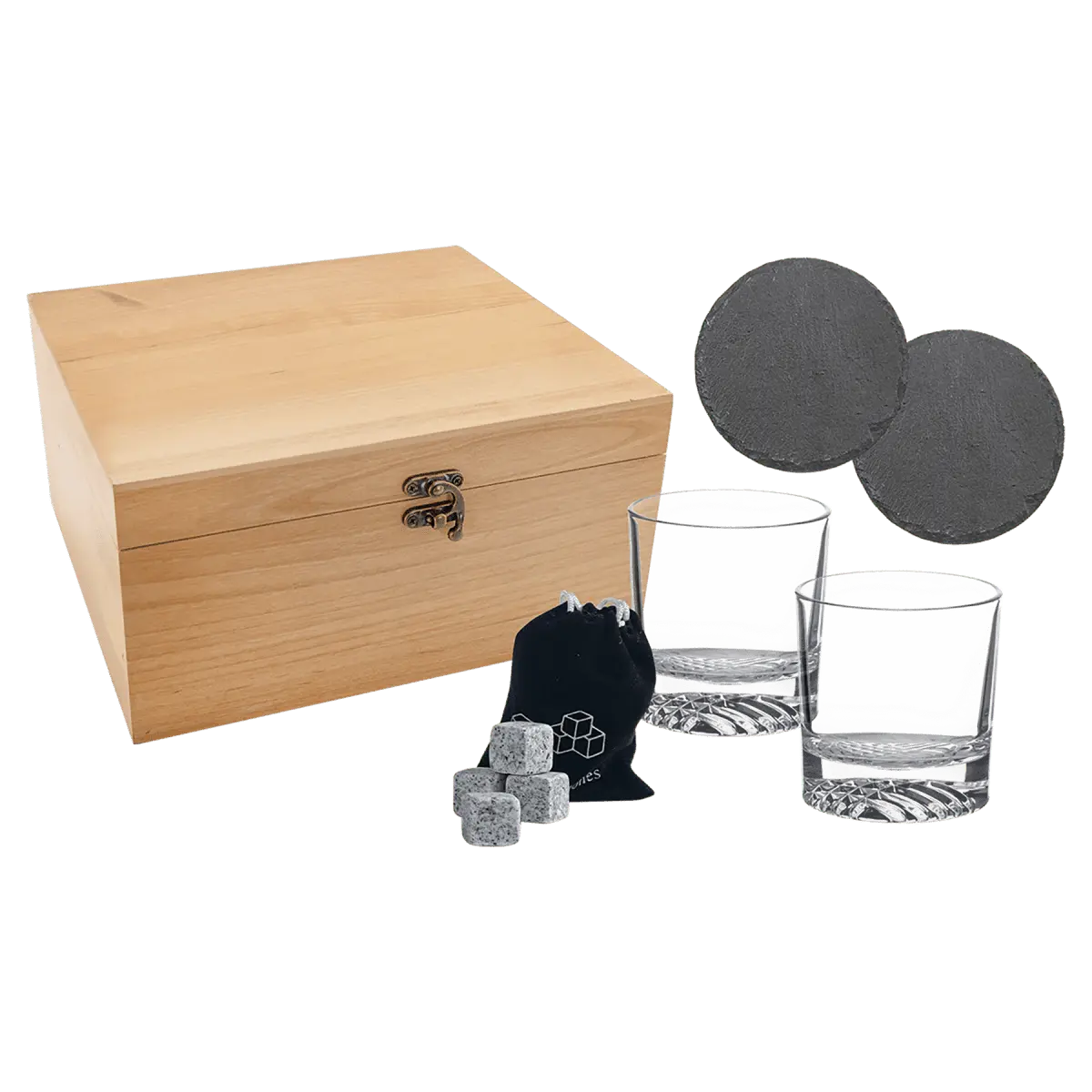 Custom Engraved Whiskey Gift Set – Red Alder Box with Glasses, Slate Coasters & Whiskey Stones