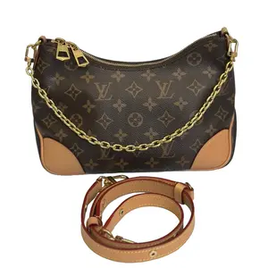 Pre-owned LEATHER Shoulder Bags Louis Vuitton Boulogne in Monogram Canvas with Black/Tan Trim and Gold Tone Chain