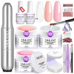SAVILAND Builder Gel Set: 3 Pcs Hard Gel in Clear & Pink Nudes UV Lamp Nail Brush & Strengthener Gel Perfect for DIY Nail Extensions & Shaping