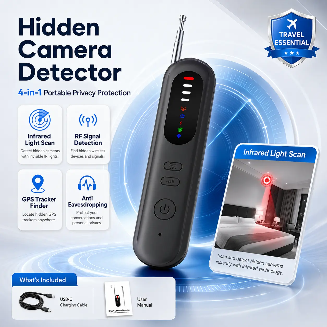 Anti Spy Detector - Hidden Camera Finder, Pinhole Cam & GPS Tracker Bug Detector with Retractable Antenna, 6-Gear Adjustable Sensitivity, Portable Privacy Security Device for Hotel, Travel, Household Use