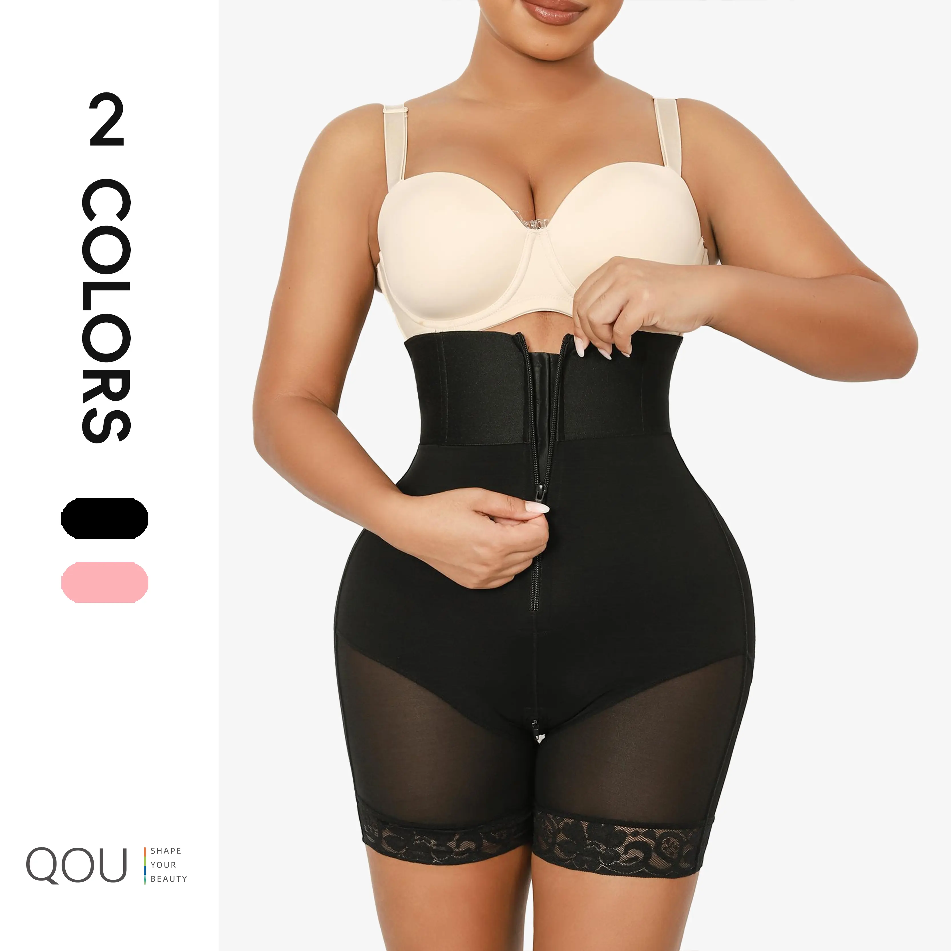 QOU Women’s Minimalist Colombian Zip-Up Compression Faja - High-Waist Leg Shaping Shorts, Firm Tummy Control, Butt Lifting, Body Contouring, Post Surgery & Everyday Wear Comfort Underwear