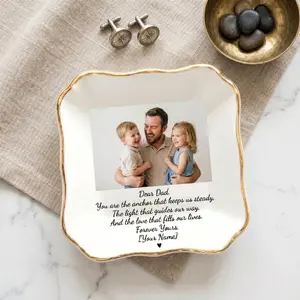 Personalized Father’s Day Photo Jewelry Dish – Custom Ceramic Trinket Tray Gift for Dad from Kids