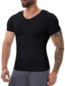 Joyshaper Men's V-Neck Short-Sleeve Compression Undershirt - Double Layer Nylon Blend, Seamless Fit, Tummy Control, Gyno Slimming Shapewear for Weddings, Slimming Look