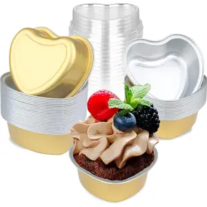 Mini Cake Pans 3.5oz  Foil Heart Cake Pan with , 50 count Disposable Small Heart Baking Pan  for Valentine Weddings Birthday