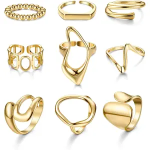 Milacolato Women's 9-Piece 18 Karat Gold Plated Chunky Gold Rings Set - Dome Shape, High Polish, Adjustable Size, Stackable Open Thick Rings