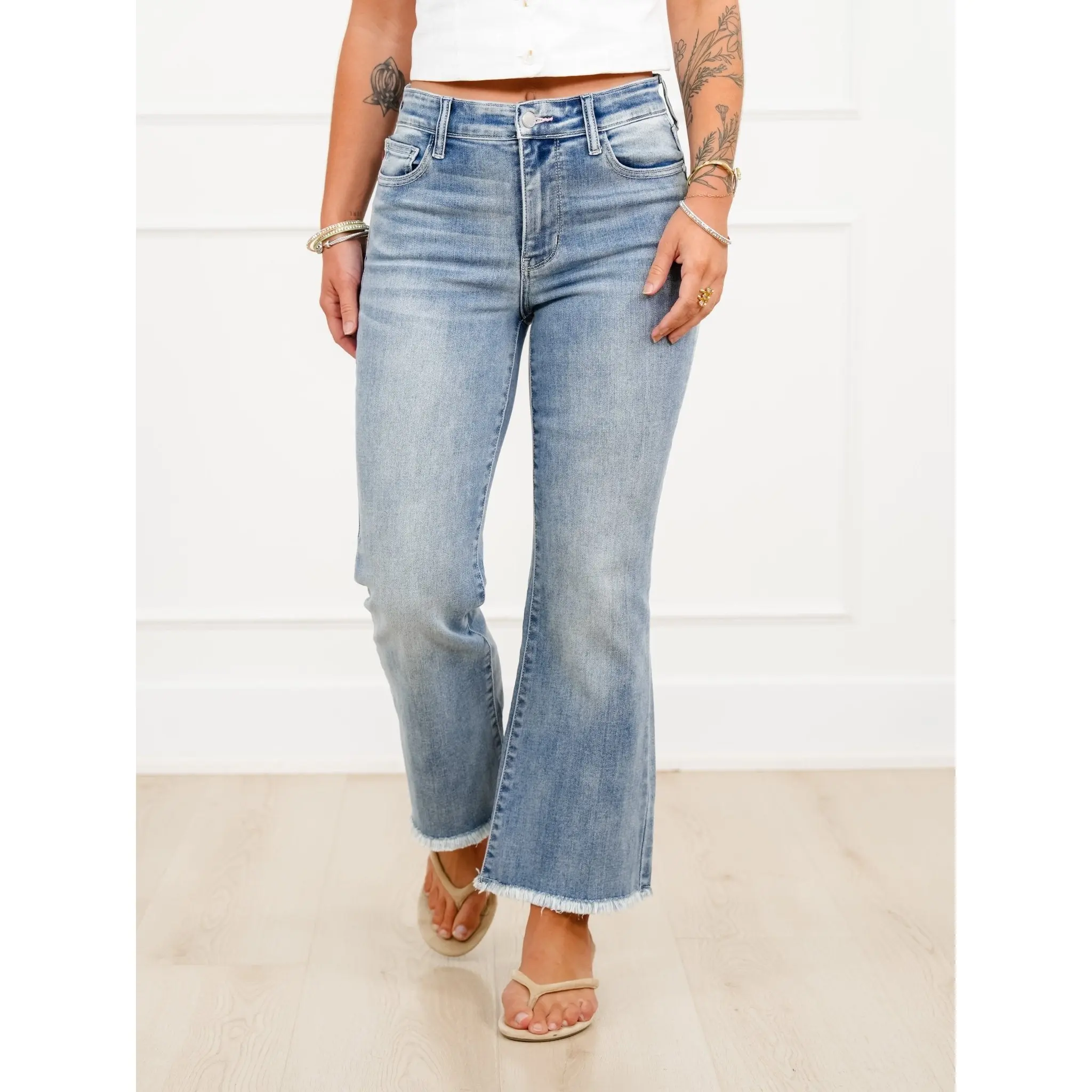 Judy Blue Mid Rise Light Wash Frayed Hem Kick Flare Jeans