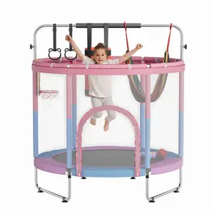 60" Kids Trampoline with Enclosure & Adjustable Gymnastics Bar, 440LBS Heavy Duty Indoor Outdoor Toddler Jumper, Safe Mini Trampoline with Safety Net & Padding, Multi-Functional Play Center Birthday Gift for Boys & Girls
