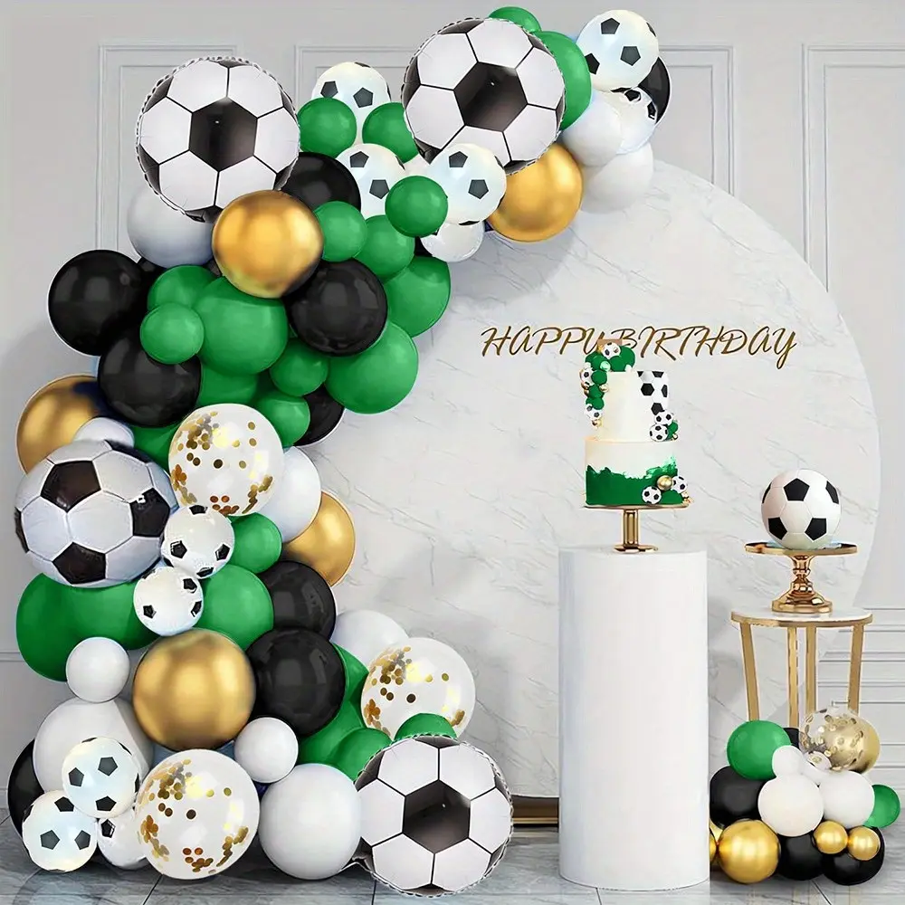 A set of 112 football and soccer balloons for party arches decoration, Balloon decorations, including 10 inch black, green, white balloons, and 12 inch football design balloons, perfect for birthdays, football events and Game Day Parties