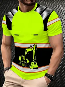Men's casual summer work shirt with printed short-sleeved T-shirt - Excavator pattern, Stripe, black and neon green, round neck, machine washable, lightweight and breathable, durable fabric shirt