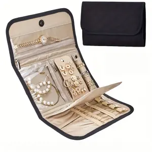 Portable Quilted Jewelry Roll Organizer - Snap-Closure Fabric with Compartments for Necklaces, Rings, Earrings, Bracelets, Compact Elegant Travel Gift for On-the-Go Accessory Storage