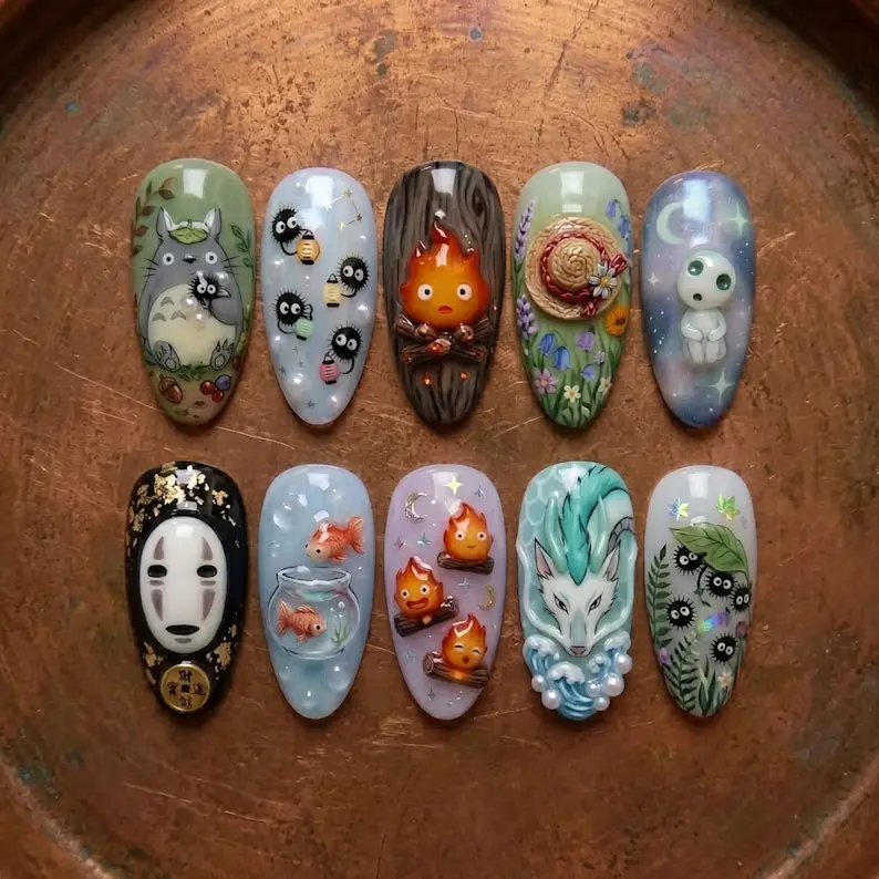 Premium Reusable Magical Anime Aesthetic Press-On Nails - 3D Kodama, Ponyo, Soot Sprite Nail Art Decorations